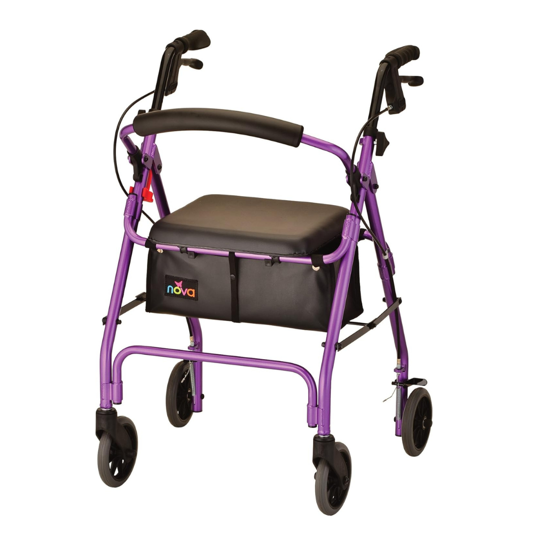The Nova Medical GetGo Rolling Rollator Walker, lightweight and designed for petite users, offers unmatched support with a black cushioned seat and an under-seat bag. It features four sturdy black wheels and two handbrakes for optimal mobility.